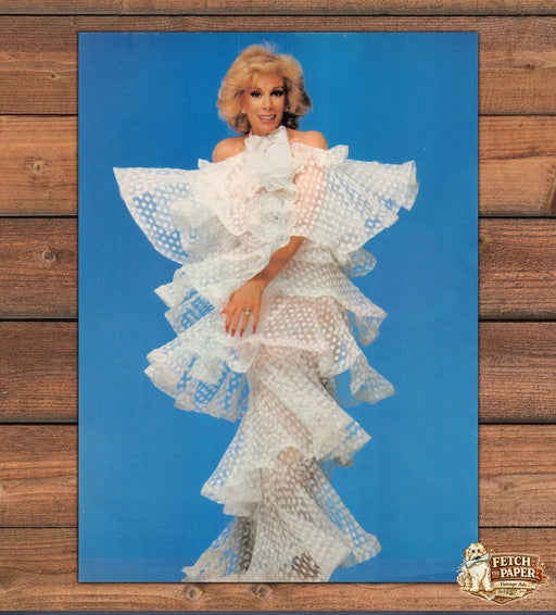 Joan Rivers White Ruffled Polka Dot Gown Blue Backdrop Magazine Photo 1983 1980s