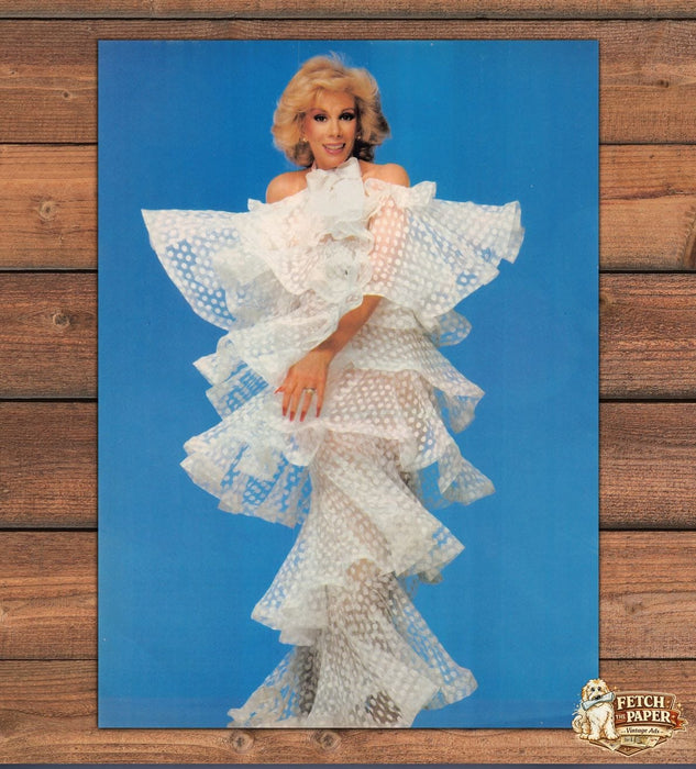 Joan Rivers White Ruffled Polka Dot Gown Blue Backdrop Magazine Photo 1983 1980s