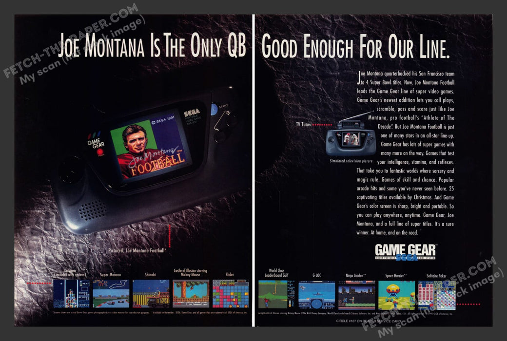 Joe Montana Football Video Game 1990s Print Ad (2pgs) Sega Game Gear