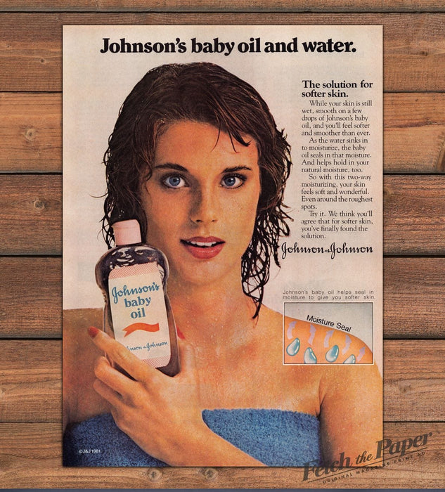 Johnson's Baby Oil Water Softer Skin Wet Towel Print Ad 1981 1980s
