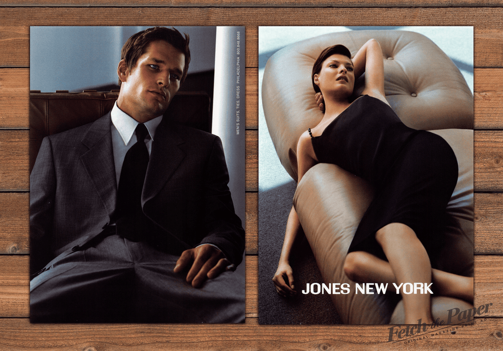 Jones New York Linda Evangelista Black Dress Couch Print Ad 1998 1990s (2pgs)