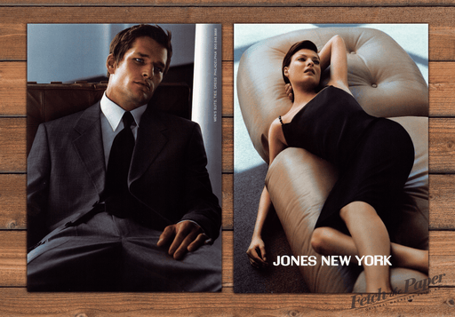 Jones New York Linda Evangelista Black Dress Couch Print Ad 1998 1990s (2pgs)