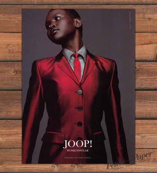 Joop! Womenswear Model Alek Wek Red Satin Blazer and Tie Print Ad 1997 1990s