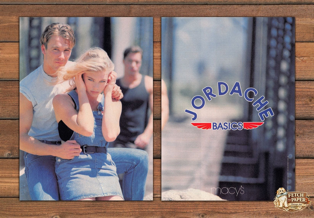 Jordache Basics Denim Overalls Macy's Blonde Couple Print Ad 1991 1990s (2 pgs)