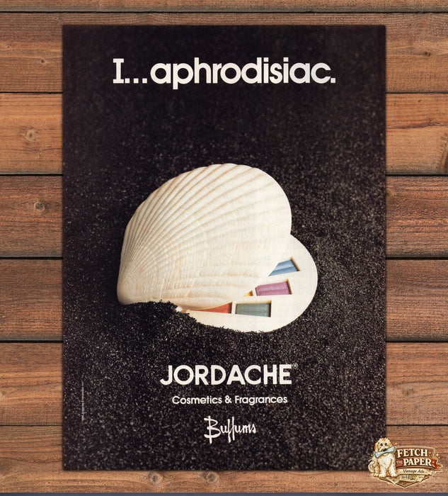 Jordache Cosmetics Fragrances Aphrodisiac Seashell Sand Print Ad 1988 1980s