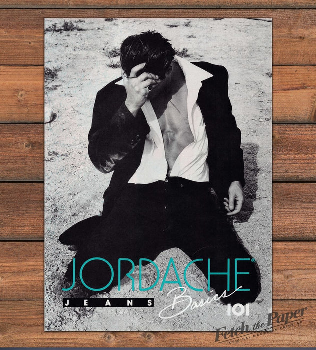 Jordache Jeans Basics 101 Man Open Shirt Black & White Print Ad 1992 1990s