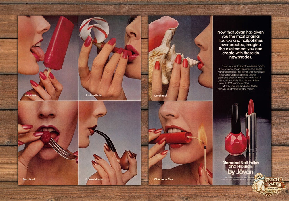 Jovan Diamond Nail Polish Flipsticks Lipstick Shades Print Ad 1981 1980s (2 pgs)