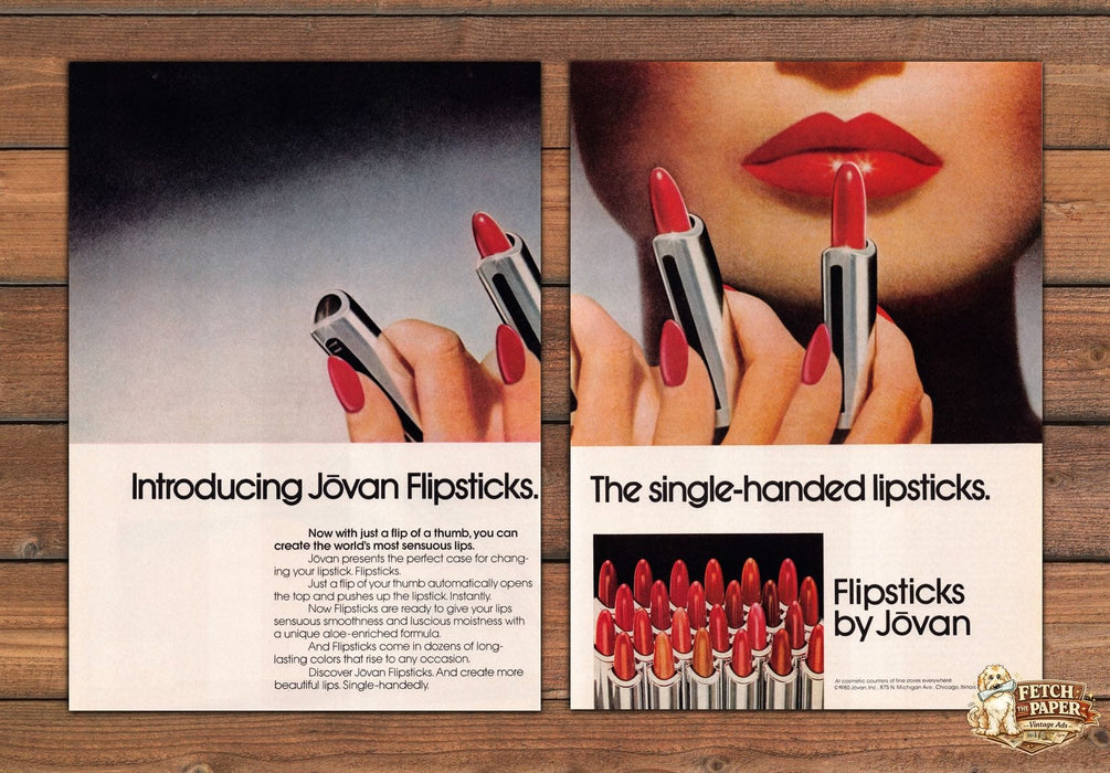 Jovan Flipsticks Lipstick Red Lips Close Up Print Ad 1980 1980s (2pgs)