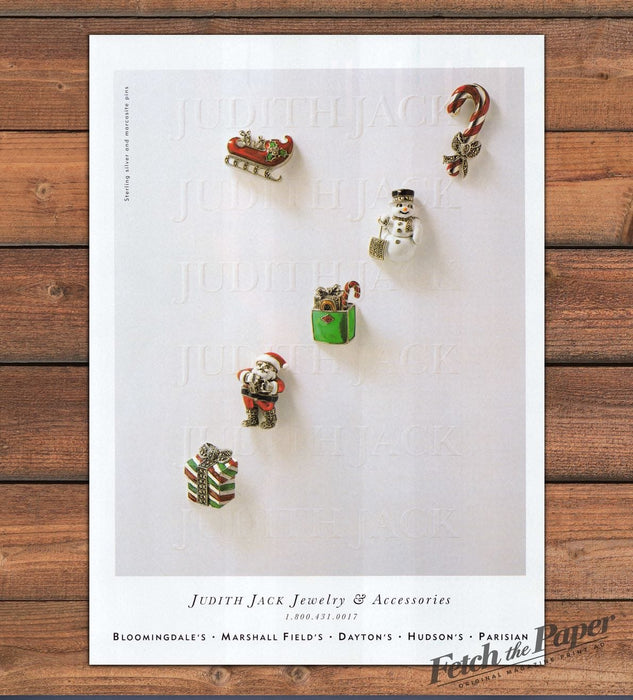 Judith Jack Christmas Pins Sleigh Santa Snowman Candy Cane Print Ad 1997 1990s