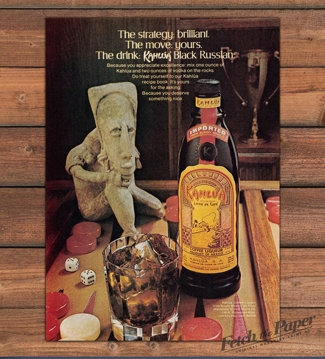 Kahlua Black Russian Cocktail Backgammon Board Mayan Statue Print Ad 1977 1970s