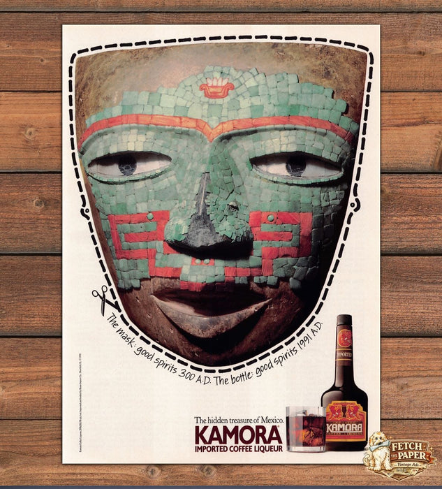 Kamora Coffee Liqueur Hidden Treasure Mexico Aztec Mask Print Ad 1991 1990s
