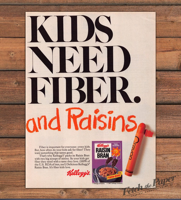 Kellogg's Raisin Bran Kids Need Fiber Orange Crayon Cereal Print Ad 1987 1980s