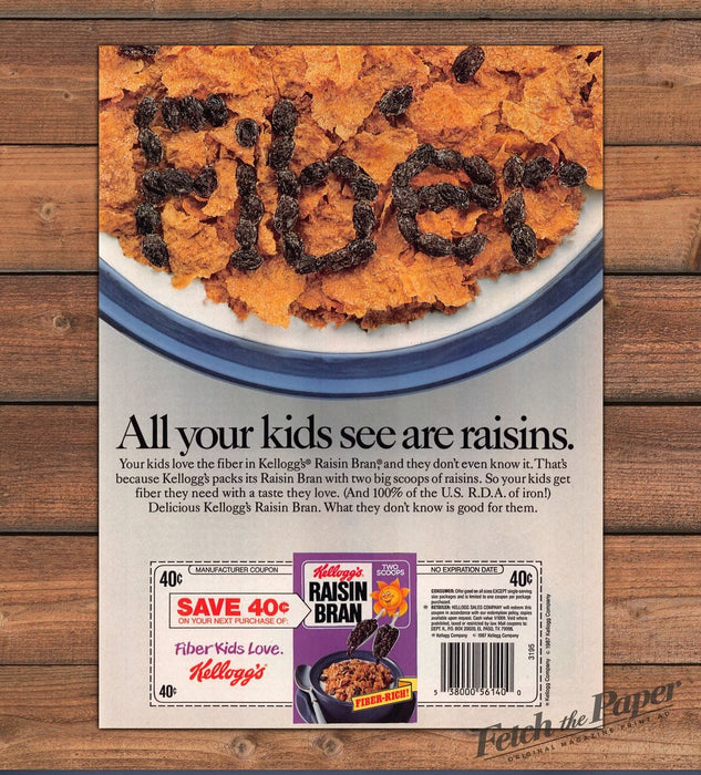 Kellogg's Raisin Bran Raisins Spell Fiber Cereal Coupon Print Ad 1987 1980s