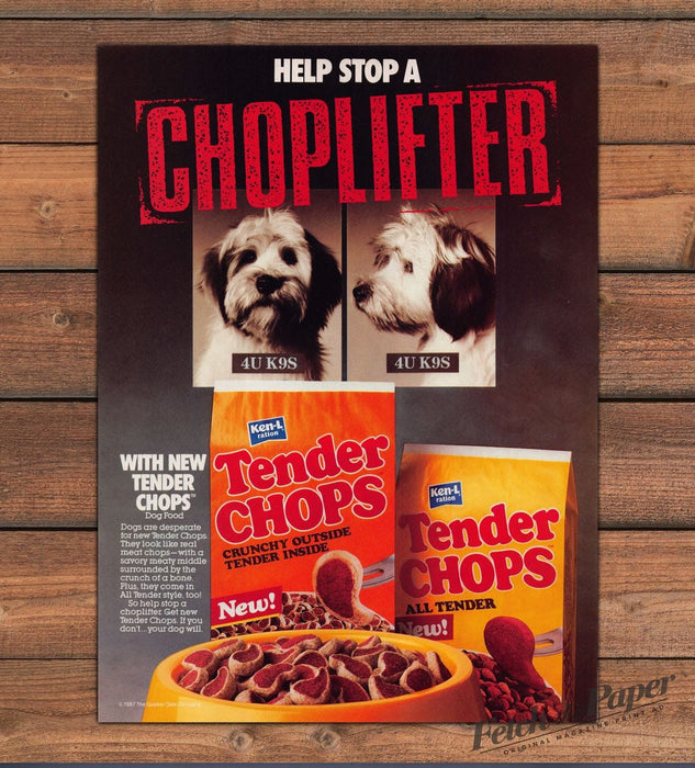 Ken-L Ration Tender Chops Dog Food Choplifter Mugshot Print Ad 1987 1980s