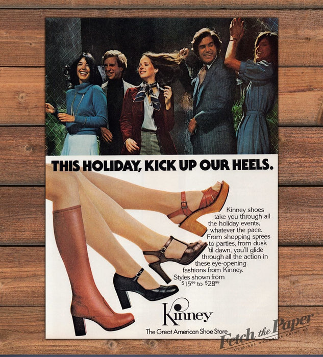 Kinney Shoes Holiday Heels Boots Kick Up Party Group Print Ad 1977 1970s