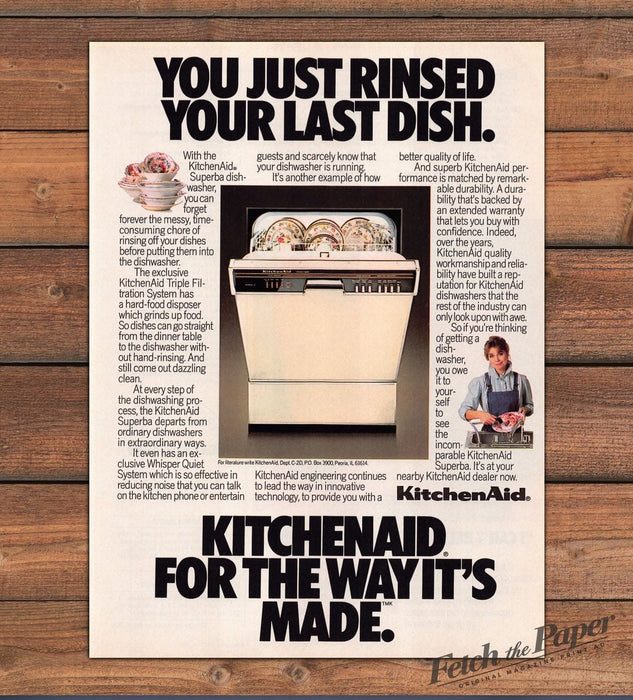 KitchenAid Superba Dishwasher Floral China Woman Apron Print Ad 1987 1980s