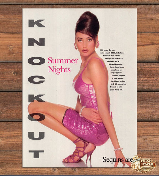 Knockout Summer Nights Pink Sequin Dress Crouching Pose Legs Print Ad 1991 1990s