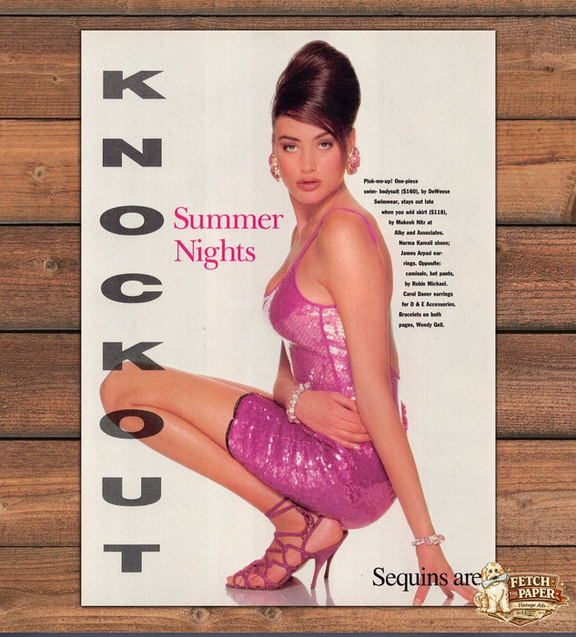 Knockout Summer Nights Pink Sequin Dress Crouching Pose Legs Print Ad 1991 1990s