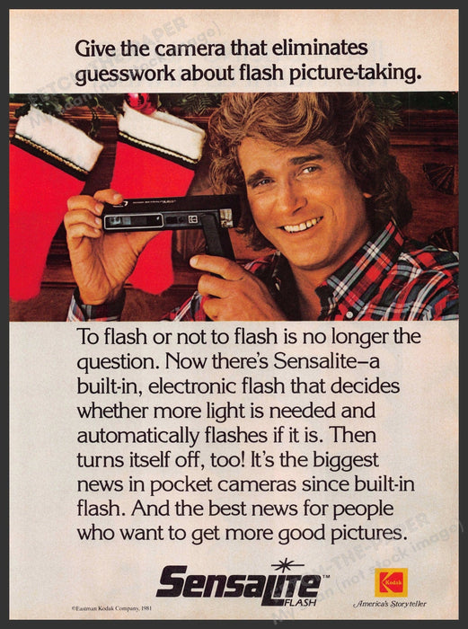 Kodak Sensalite Flash 1980s Print Advertisement 1981 Michael Landon Camera Fetch-the-Paper