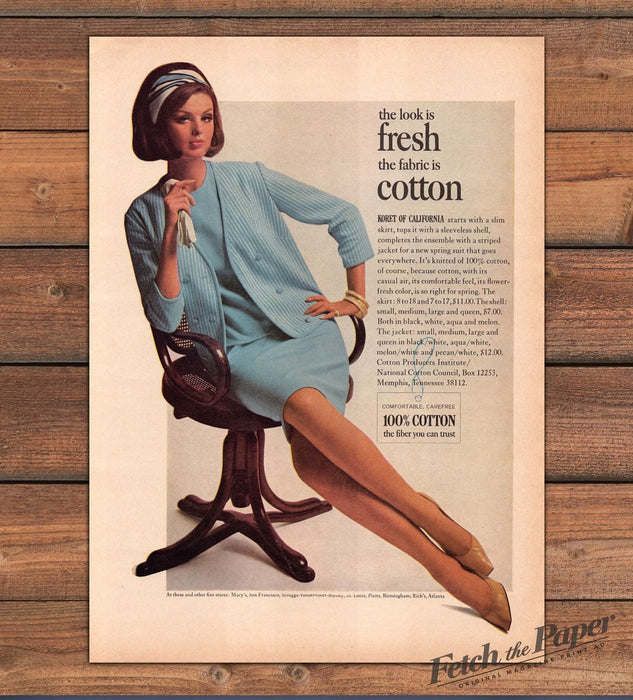 Koret of California Cotton Suit Blue Legs Bentwood Chair Print Ad 1965 1960s