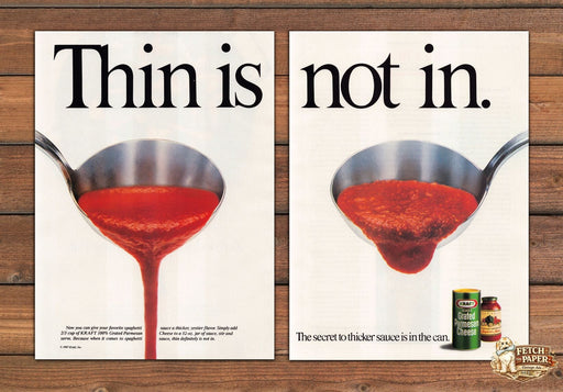 Kraft Parmesan Thin is Not In Spaghetti Sauce Print Ad 1988 1980s (2pgs)