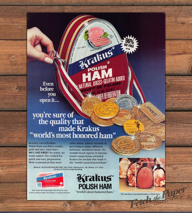 Krakus Polish Ham Can Gold Award Medals Ribbon Print Ad 1987 1980s