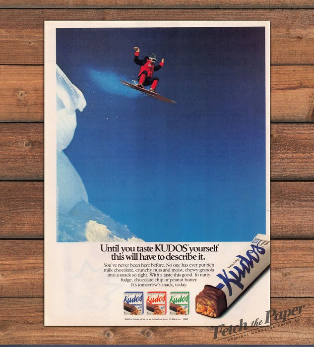 Kudos Granola Bar Snowboarder Jump Snowy Mountain Blue Sky Print Ad 1987 1980s