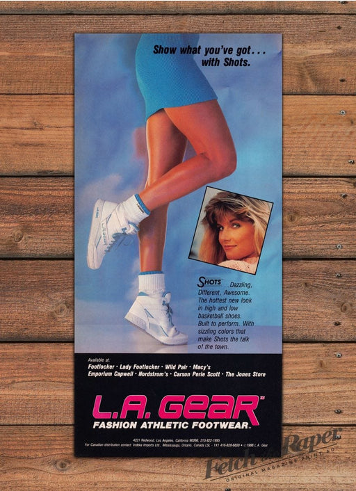 L.A. Gear Shots Basketball Shoes Legs Blue Skirt Big Hair Print Ad 1988 1980s