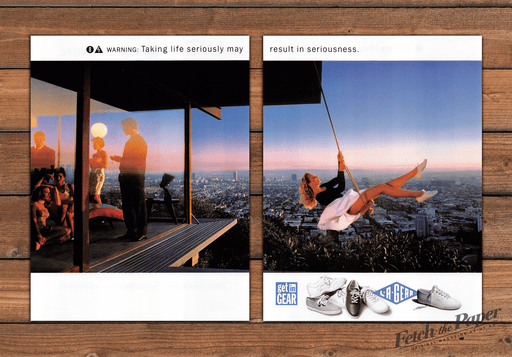 L.A. Gear Sneakers Playful Swinging Legs Skyline Print Ad 1992 1990s (2pgs)