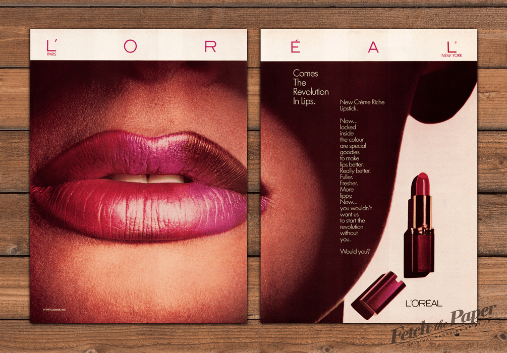 L'Oreal 1980s Magazine Print Ad (2 pages) 1987 The Revolution in Lips