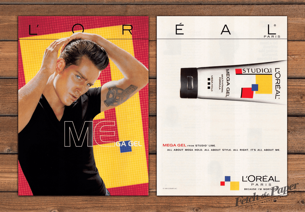 L'Oreal 1990s Print Advertisement (2 Pgs) 1999 Mega Gel James Dean Looking Model