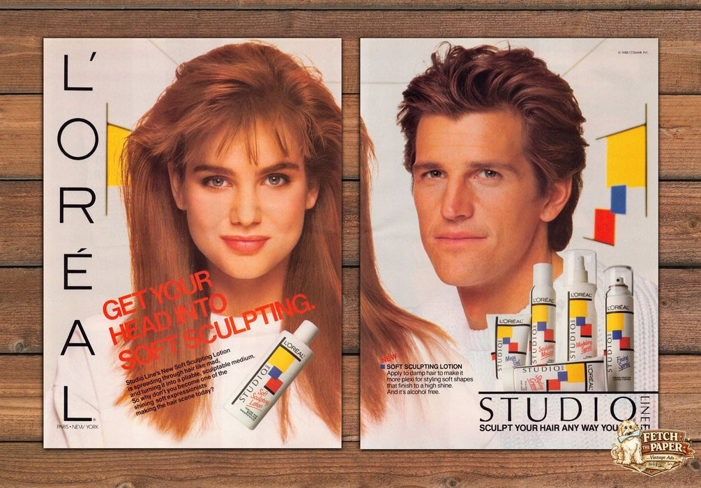L'Oreal Studio Line Soft Sculpting Big Hair Couple Print Ad 1988 1980s (2pgs)
