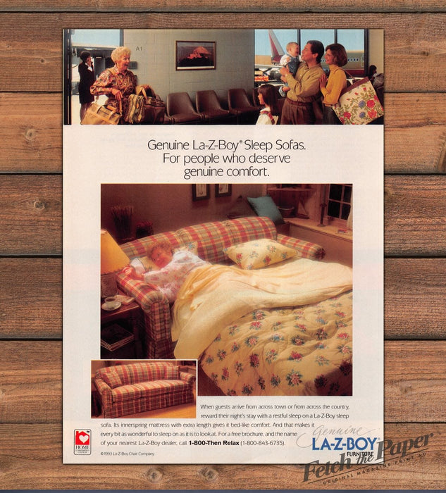 La-Z-Boy Sleep Sofa Plaid Floral Bedding Guest Room Print Ad 1993 1990s