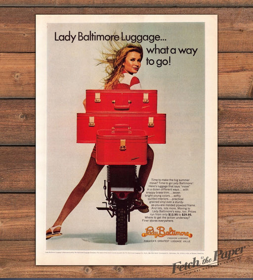 Lady Baltimore Luggage Red Suitcase Bare Legs Moped Ride Print Ad 1968 1960s
