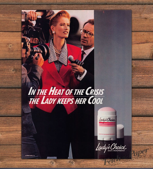 Lady's Choice Anti Perspirant Woman Red Suit Cameras Print Ad 1987 1980s