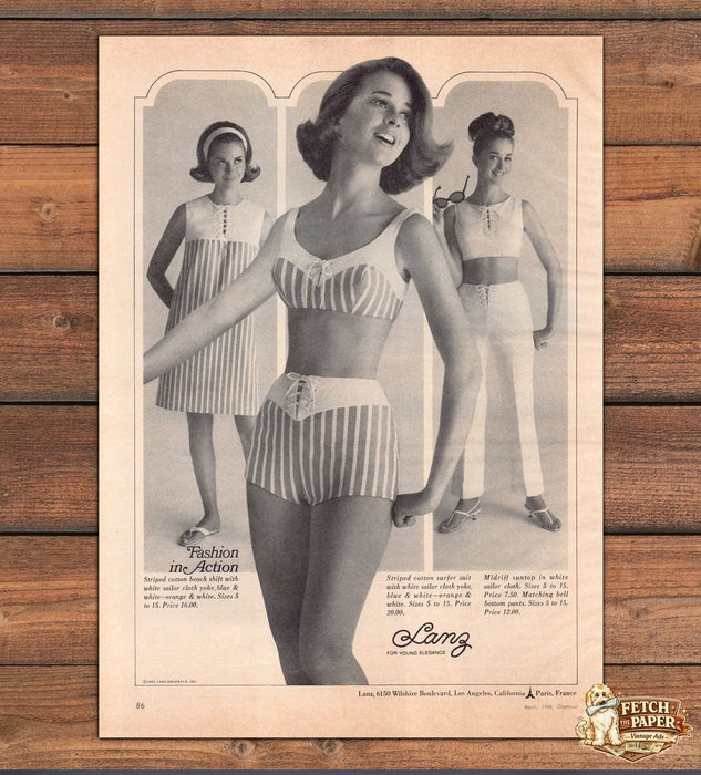 Lanz Fashion In Action Striped Cotton Surfer Suit Beachwear Print Ad 1966 1960s