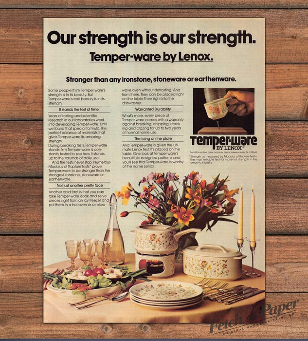 Lenox Temper-ware "Our Strength Is Our Strength" Dinnerware Print Ad 1980 1980s