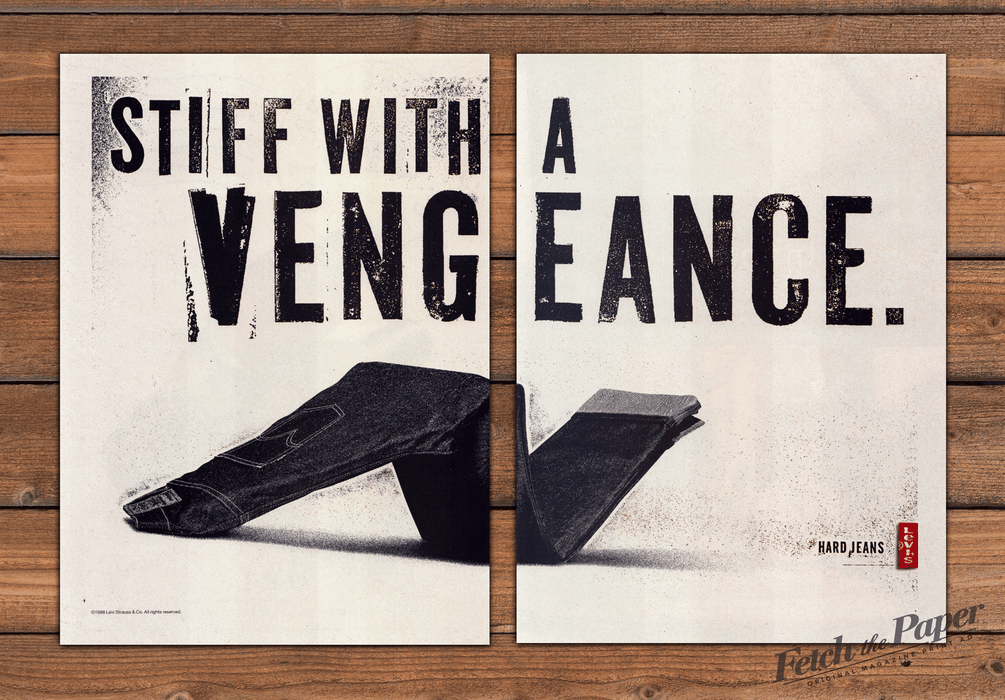 Levi's Hard Jeans "Stiff With A Vengeance" Denim Print Ad 1998 1990s (2pgs)