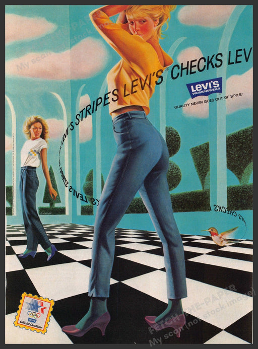 Levi's Jeans 1980s Print Advertisement 1984 Checks & Stripes Fetch-the-Paper