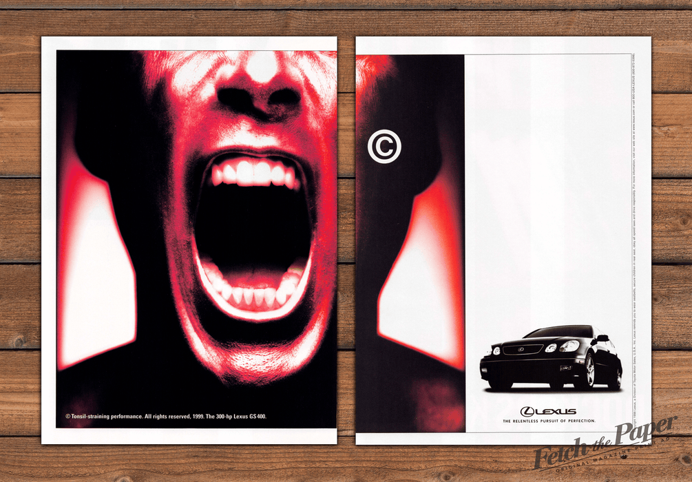 Lexus GS 400 Screaming Mouth Red Black Yelling Print Ad 1998 1990s (2pgs)