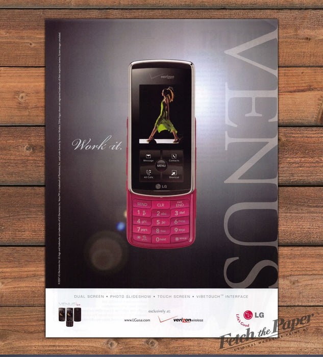 LG Venus Verizon Pink Slider Phone Touch Screen Work It Print Ad 2008 2000s