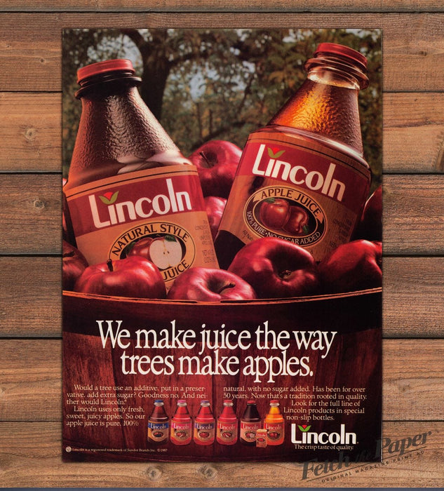 Lincoln Apple Juice Bottles Red Apples Basket Print Ad 1987 1980s