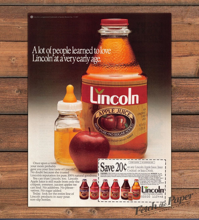 Lincoln Apple Juice Glass Bottle Baby Bottle Red Apple Print Ad 1987 1980s