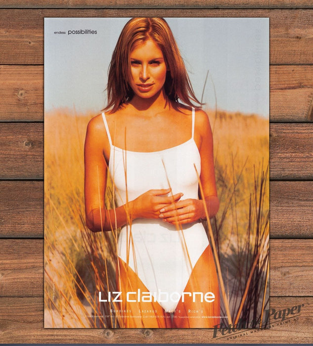 Liz Claiborne Model Niki Taylor White Swimsuit in Dune Grass Print Ad 1998 1990s
