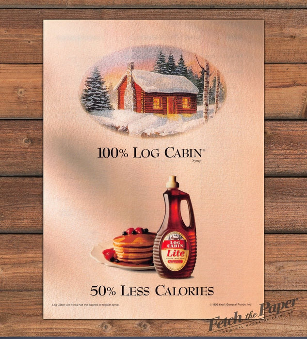 Log Cabin Lite Syrup Snowy Cabin Pancakes Berries Print Ad 1993 1990s