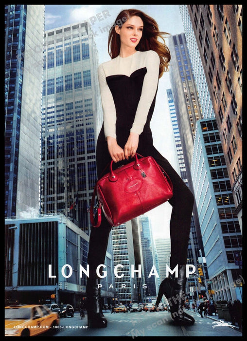 Longchamp 2010s Magazine Print Ad 2013 Long Legs Handbag Tall City Buildings