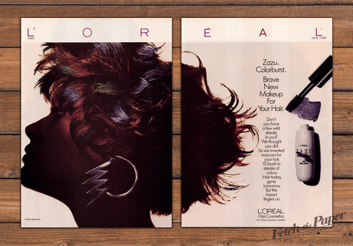 LOreal Zazu Colorburst Hair Mascara Punk Earring Print Ad 1986 1980s (2pgs)