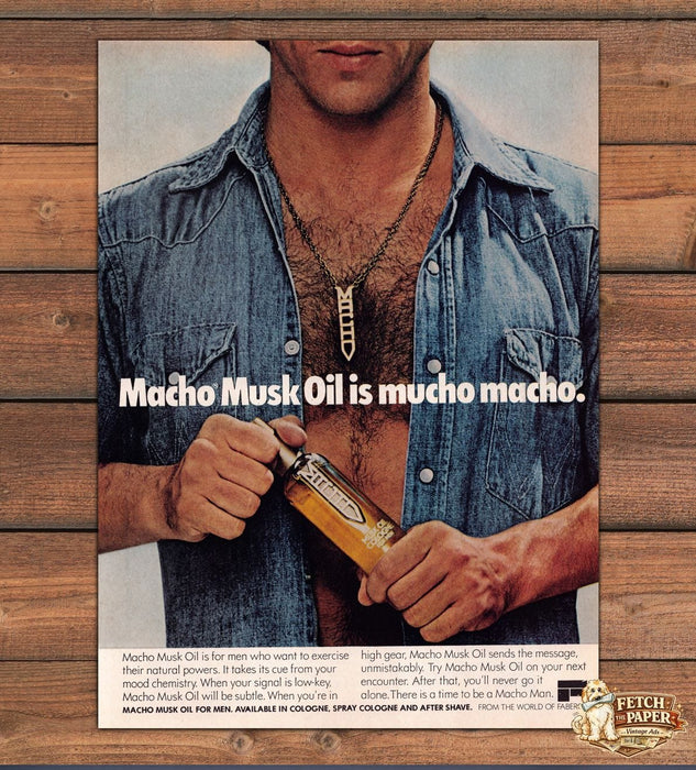 Macho Musk Oil by Faberge Mucho Macho Denim Shirt Print Ad 1978 1970s