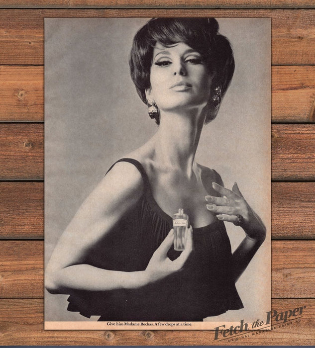 Madame Rochas Perfume Black Dress Bare Shoulders Model Print Ad 1965 1960s