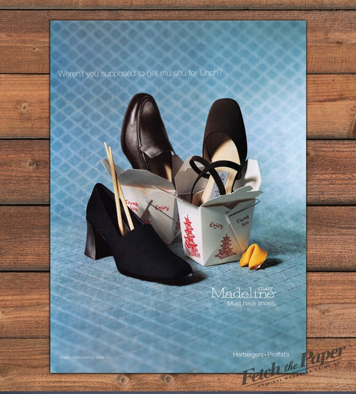 Madeline Stuart Shoes Chinese Takeout Box "Mu Shu For Lunch" Print Ad 1998 1990s